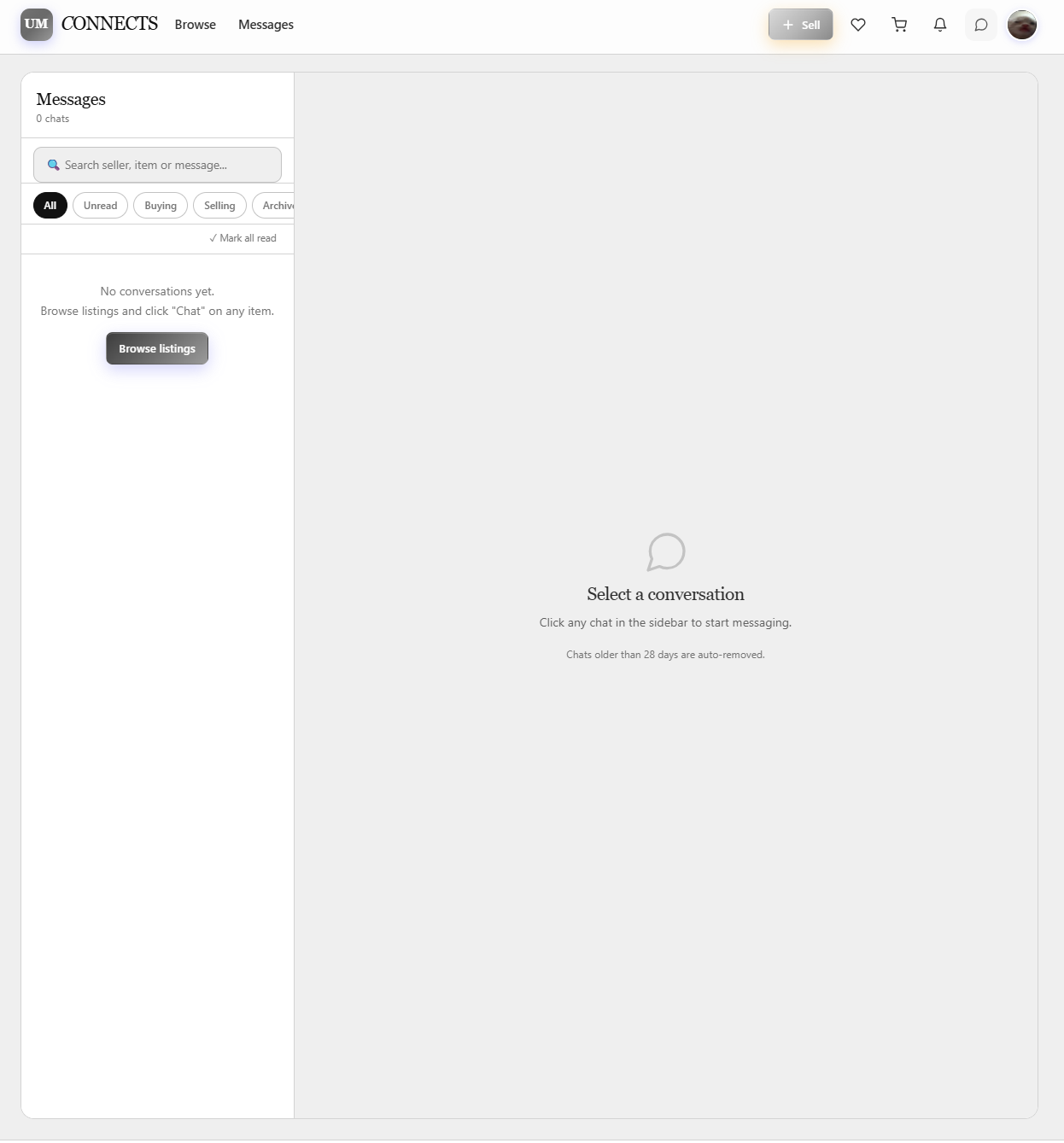 Buyer–seller messaging, backed by the Socket.IO real-time layer