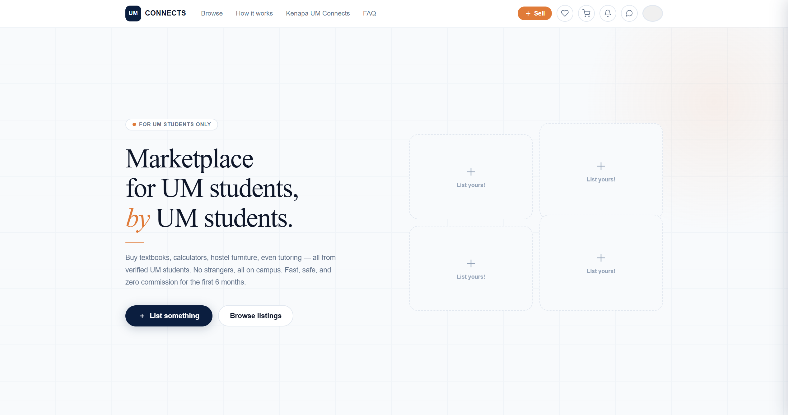 Landing page — the marketplace pitch and entry points into browsing