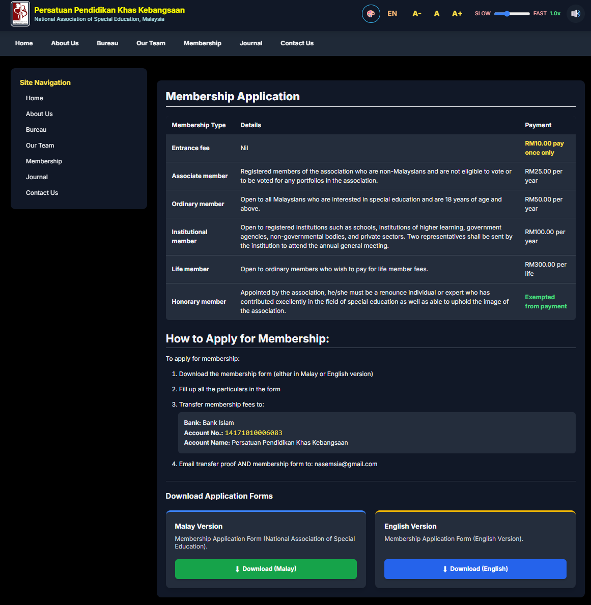 Membership tiers, fees and downloadable forms