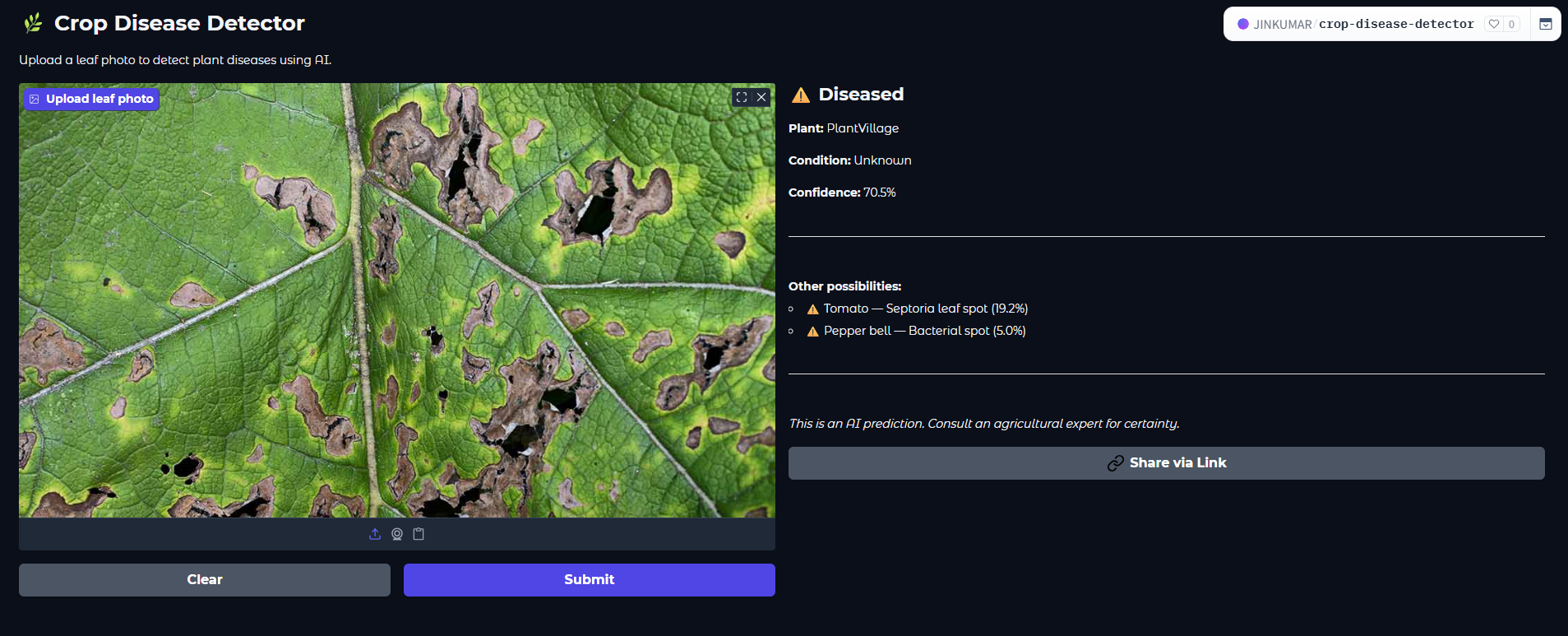 Diseased leaf prediction result